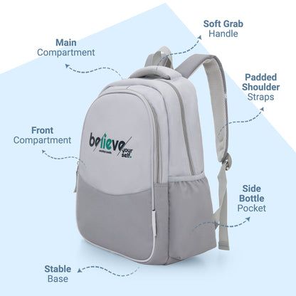 Eazy Kids 15.3” Lightweight School Backpack for Kids – Believe Yourself Design, Grey