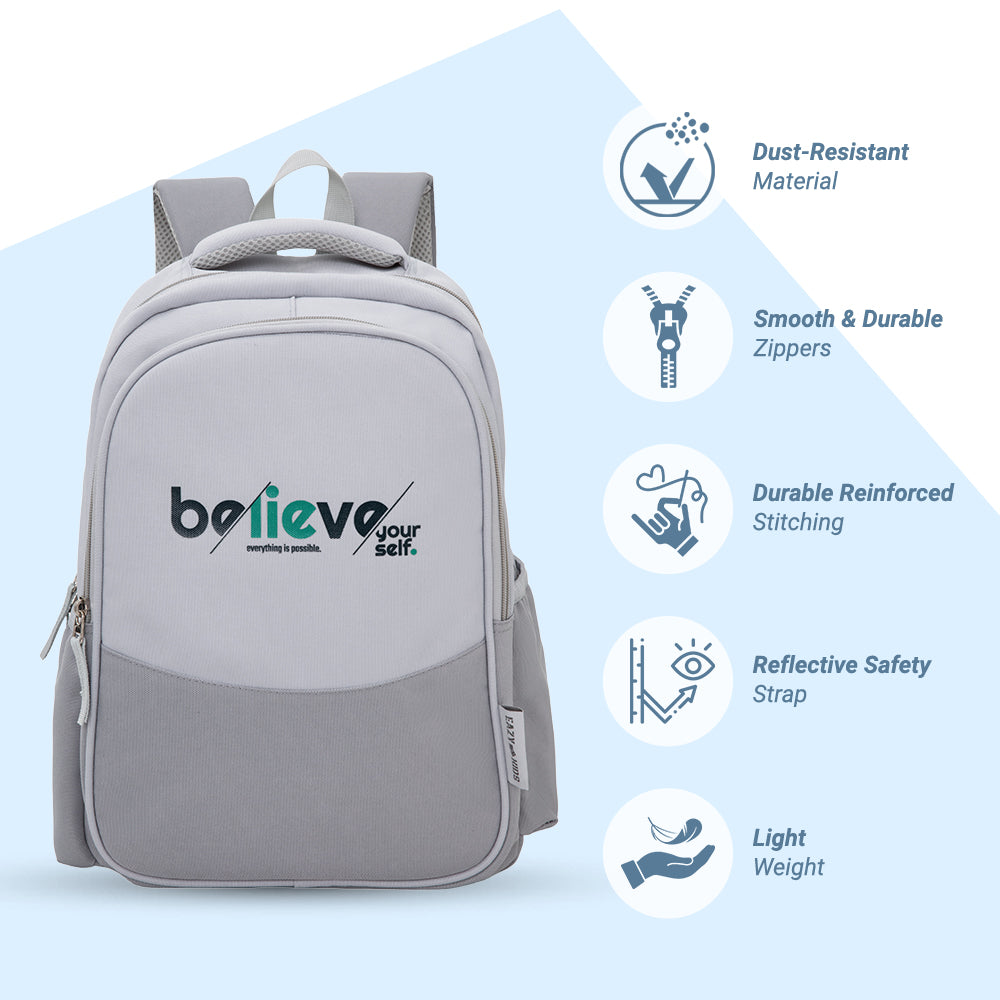 Eazy Kids 15.3” Lightweight School Backpack for Kids – Believe Yourself Design, Grey