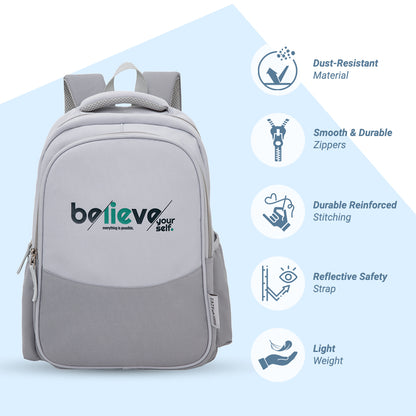 Eazy Kids 15.3” Lightweight School Backpack for Kids – Believe Yourself Design, Grey