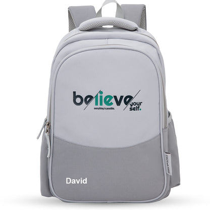 Eazy Kids Personalized 15.3” Lightweight School Backpack for Kids – Believe Yourself Design, Grey