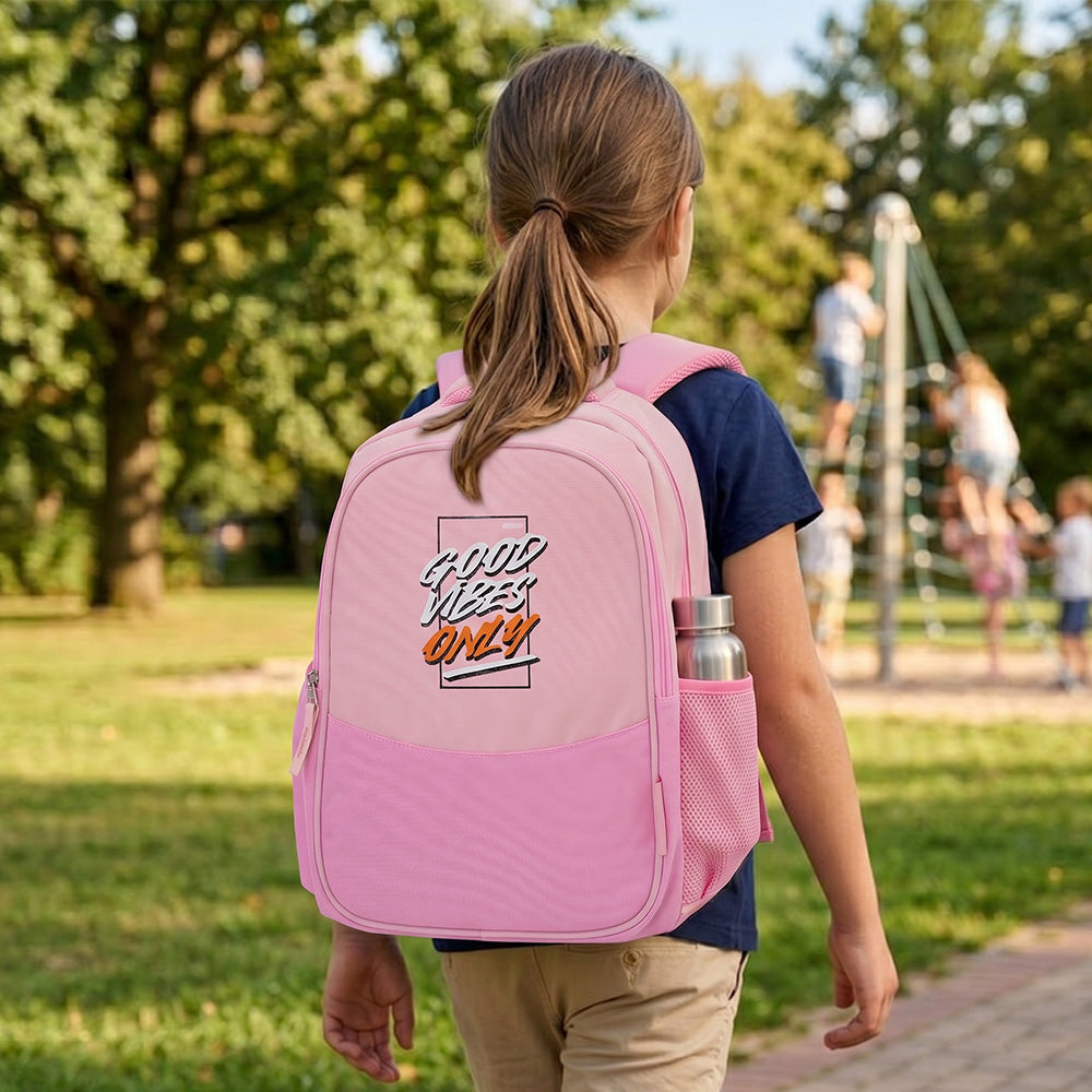 Eazy Kids Personalized 15.3” Lightweight School Backpack for Kids – Good Vibes Only Design, Pink