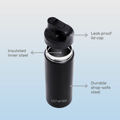 EAZY KIDS Insulated Sports Water Bottle - Black, 550ml
