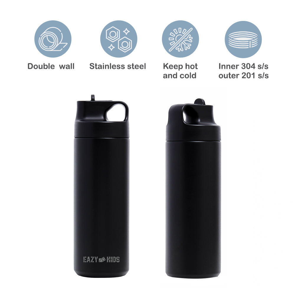 EAZY KIDS Insulated Sports Water Bottle - Black, 550ml