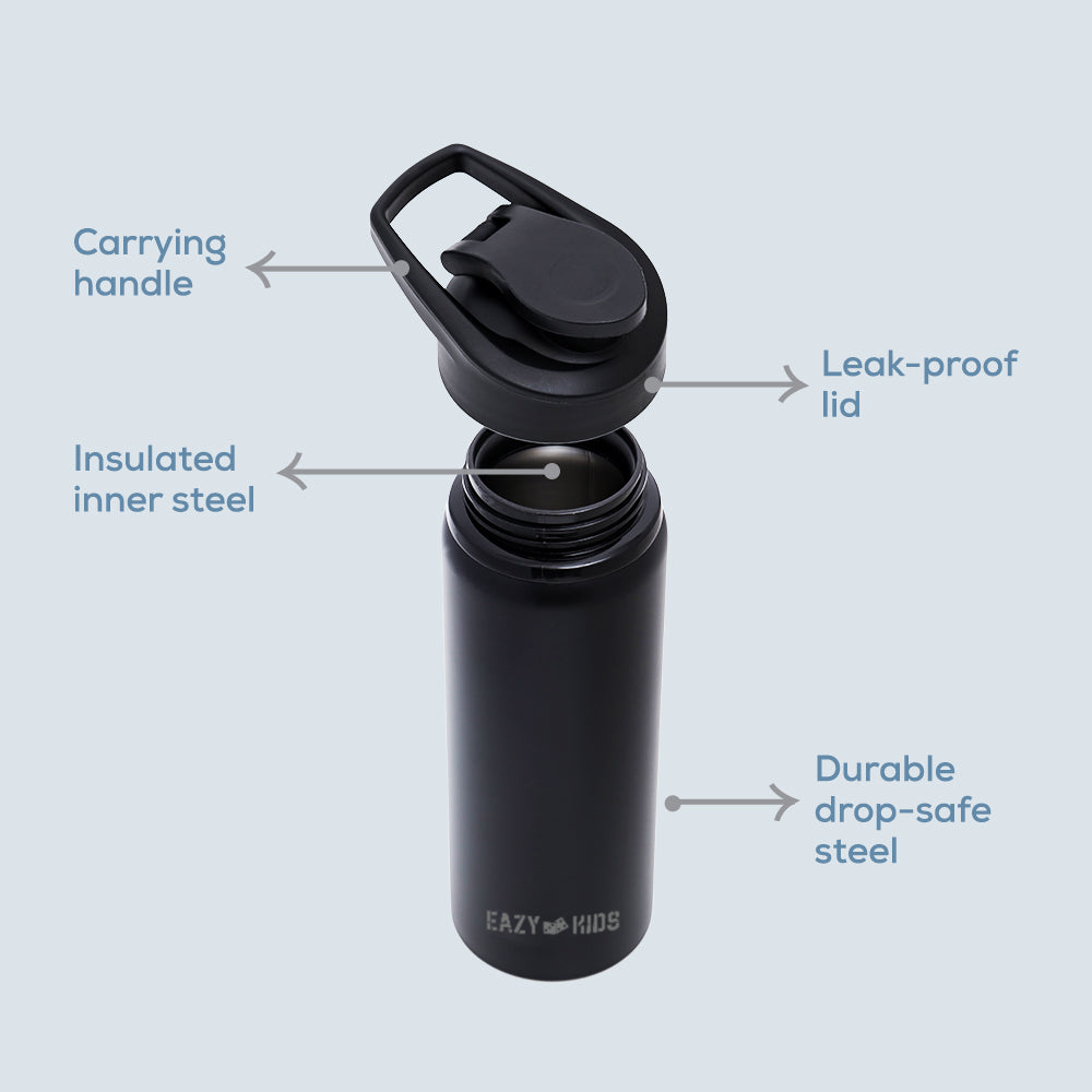 EAZY KIDS Stainless Steel Sports Water Bottle - Black, 700ml