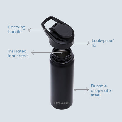EAZY KIDS Stainless Steel Sports Water Bottle - Black, 700ml