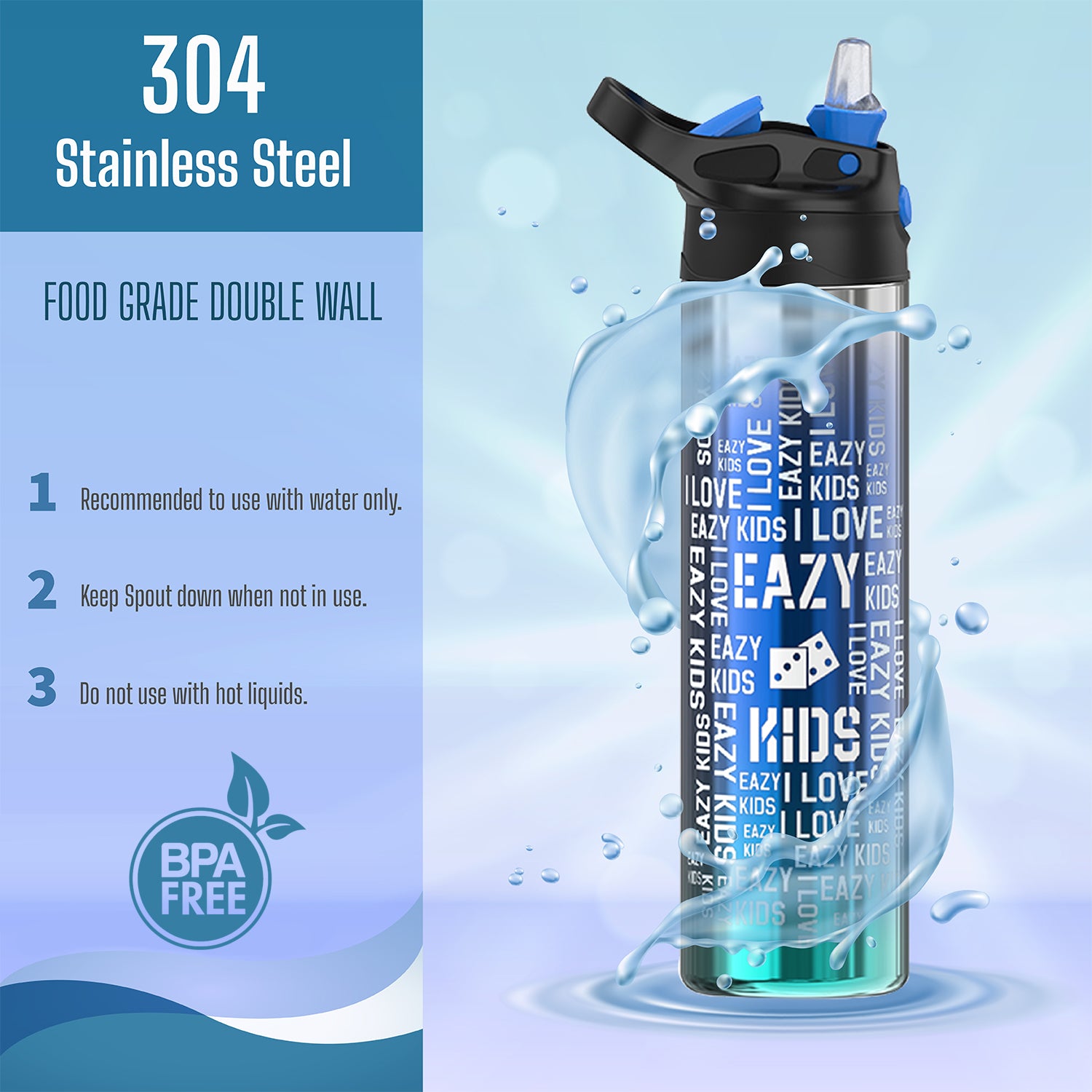 EAZY KIDS Double wall Stainless Steel Water Bottle - Blue (530ml)