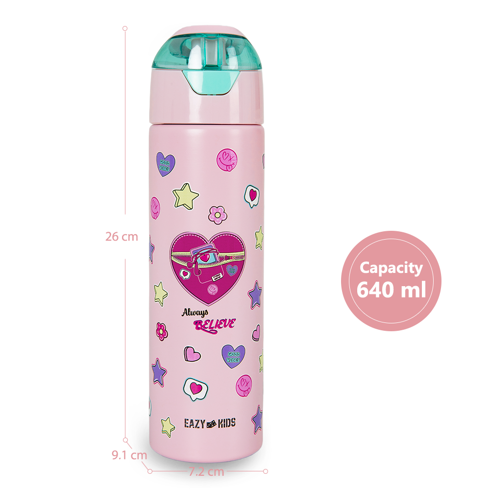 Eazy Kids - Insulated Stainless Steel Water Bottle w/Spray, Always Believe 640ml - Pink