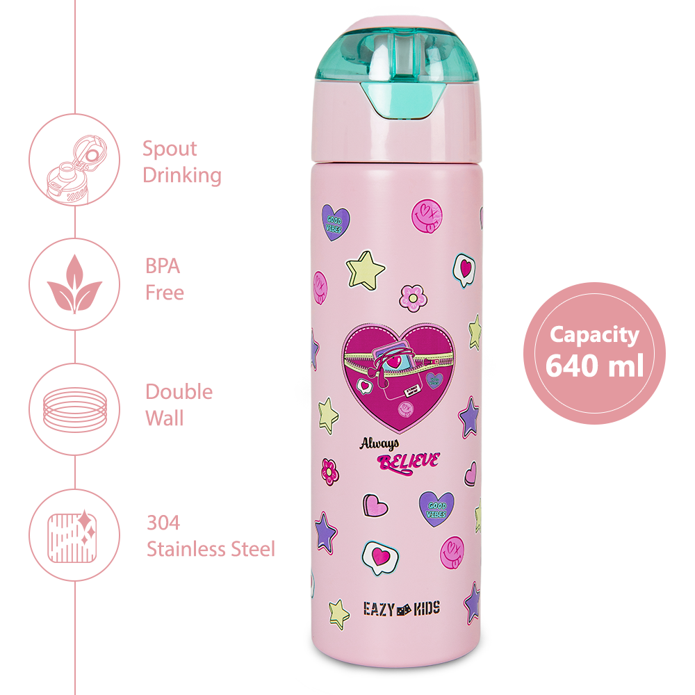 Eazy Kids Personalized - Insulated Stainless Steel Water Bottle w/Spray, Always Believe 640ml - Pink