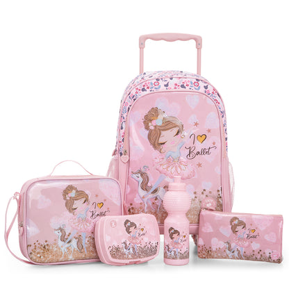 Eazy Kids Set of 5 Trolley 16" School Bag Combo - Ballet Pink