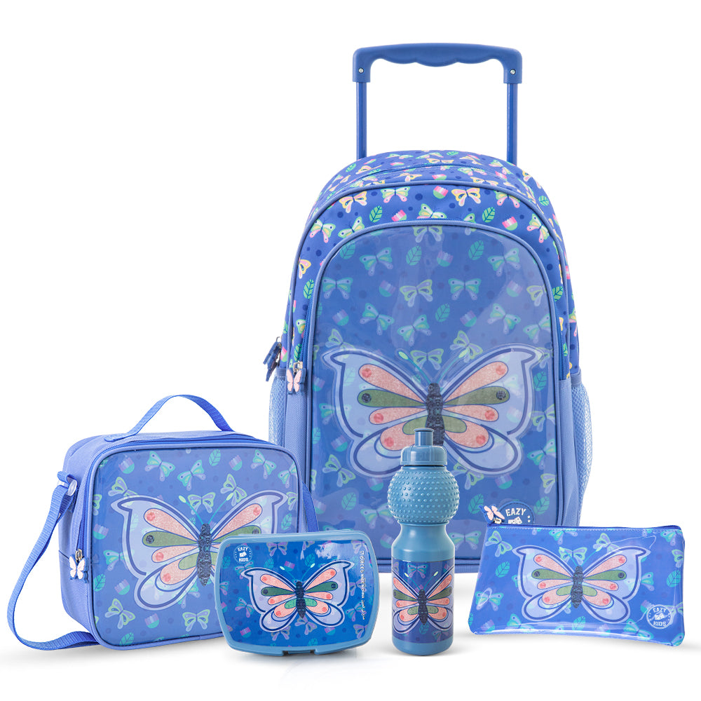 Eazy Kids 17” Trolley School Bag 5-in-1 with Wheels – Backpack, Lunch Bag, Water Bottle, Lunch Box & Pencil Case, Blue