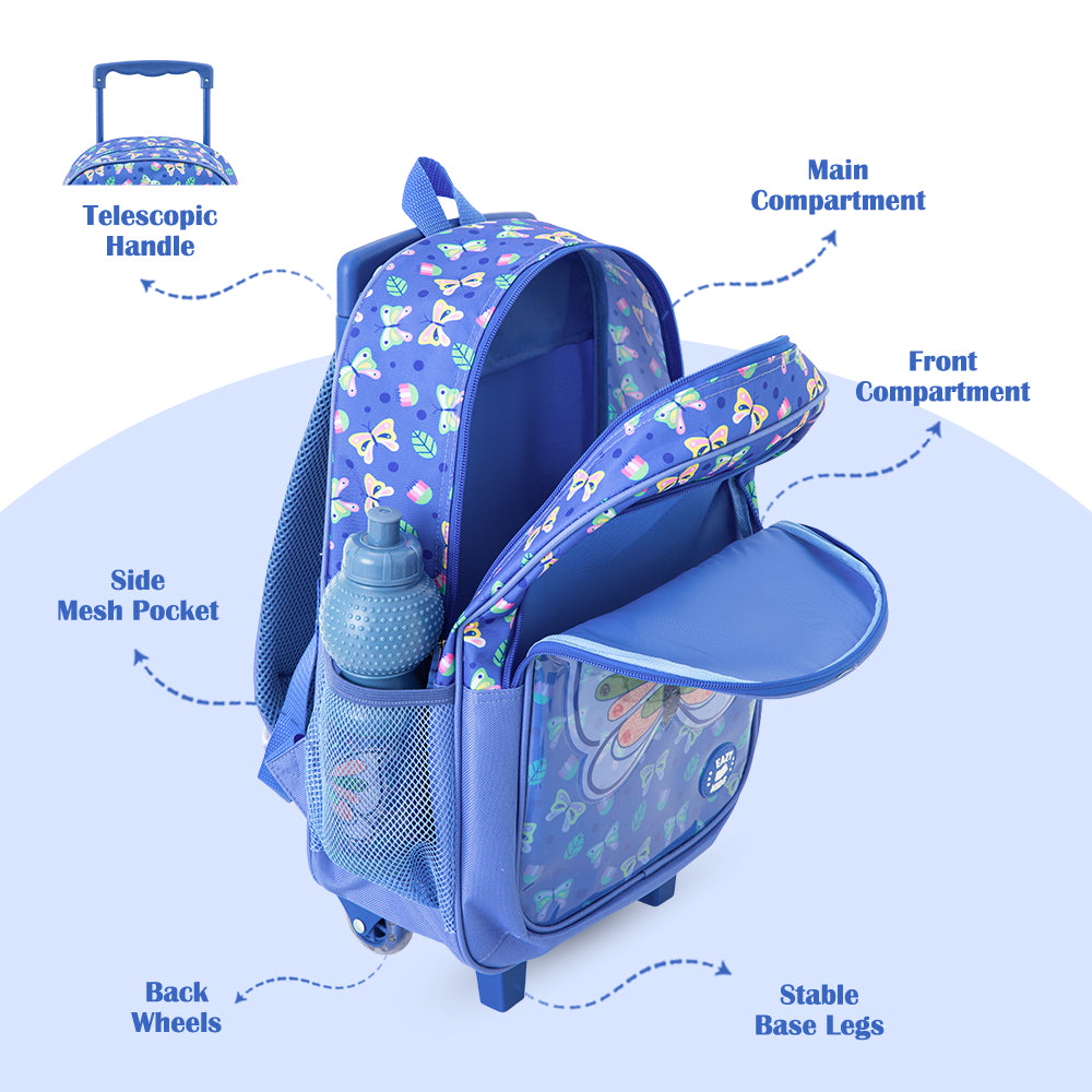 Eazy Kids 17” Trolley School Bag 5-in-1 with Wheels – Backpack, Lunch Bag, Water Bottle, Lunch Box & Pencil Case, Blue