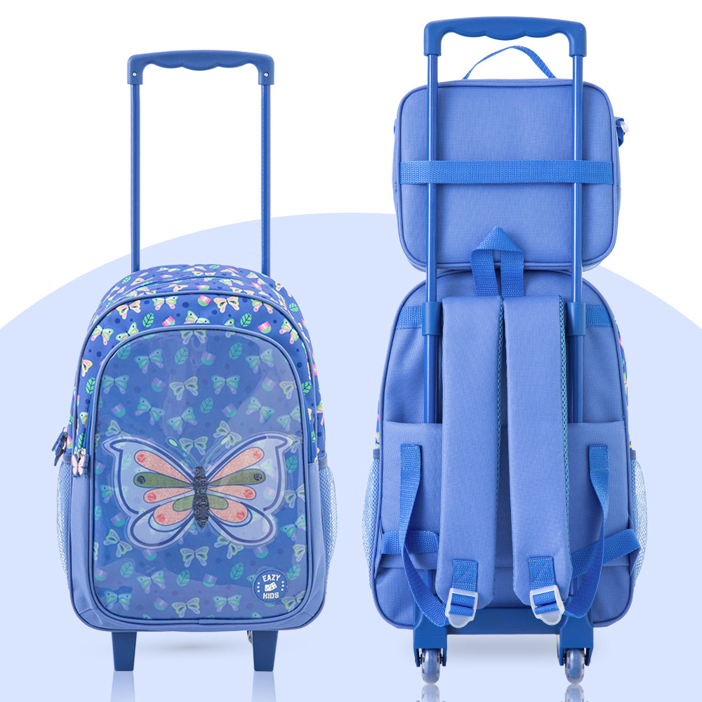 Eazy Kids 17” Trolley School Bag 5-in-1 with Wheels – Backpack, Lunch Bag, Water Bottle, Lunch Box & Pencil Case, Blue