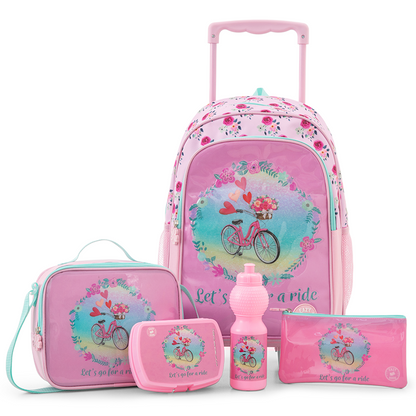 Eazy Kids 17” Trolley School Bag Value Pack 5-in-1 with Wheels – Backpack, Lunch Bag, Water Bottle, Lunch Box & Pencil Case, Pink
