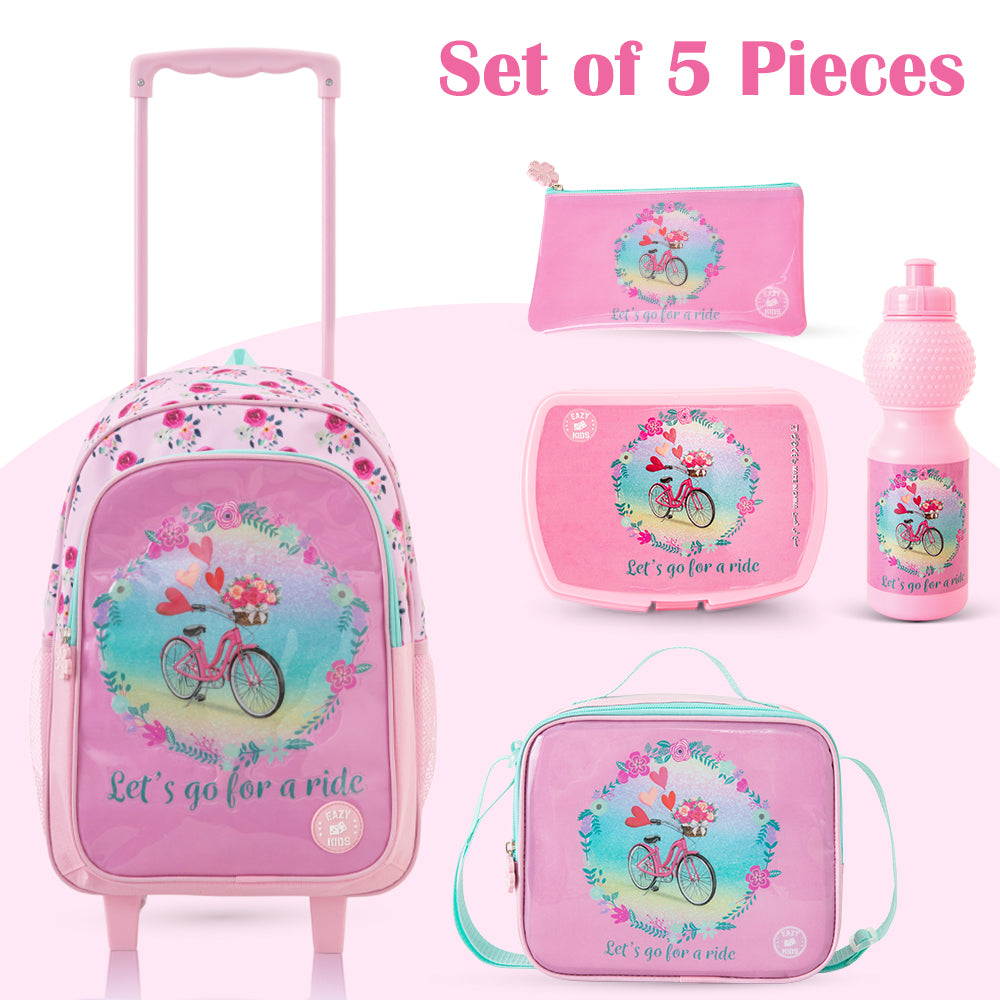 Eazy Kids 17” Trolley School Bag Value Pack 5-in-1 with Wheels – Backpack, Lunch Bag, Water Bottle, Lunch Box & Pencil Case, Pink