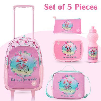 Eazy Kids 17” Trolley School Bag Value Pack 5-in-1 with Wheels – Backpack, Lunch Bag, Water Bottle, Lunch Box & Pencil Case, Pink