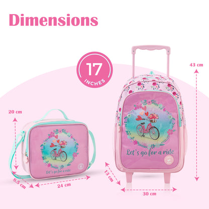 Eazy Kids 17” Trolley School Bag Value Pack 5-in-1 with Wheels – Backpack, Lunch Bag, Water Bottle, Lunch Box & Pencil Case, Pink