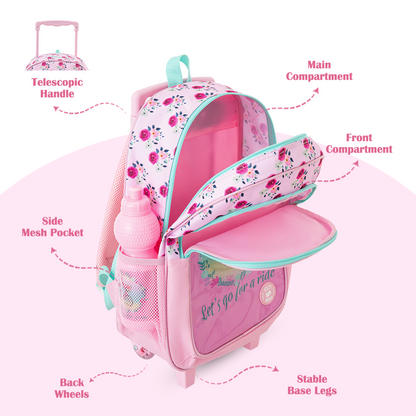 Eazy Kids 17” Trolley School Bag Value Pack 5-in-1 with Wheels – Backpack, Lunch Bag, Water Bottle, Lunch Box & Pencil Case, Pink