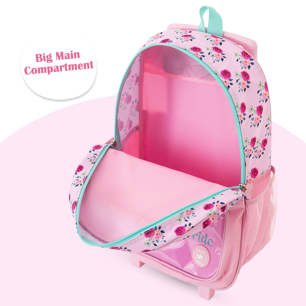 Eazy Kids 17” Trolley School Bag Value Pack 5-in-1 with Wheels – Backpack, Lunch Bag, Water Bottle, Lunch Box & Pencil Case, Pink