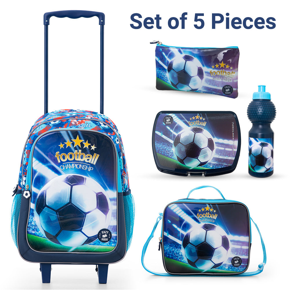 Eazy Kids Set of 5 Trolley 16" School Bag Combo - Soccer Blue