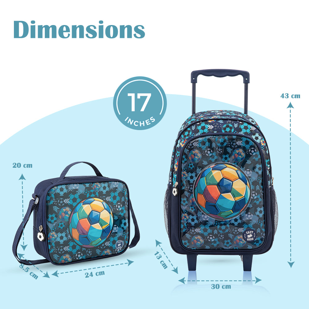 Eazy Kids 17” Trolley School Bag Value Pack 5-in-1 with Wheels – Backpack, Lunch Bag, Water Bottle, Lunch Box & Pencil Case, Blue