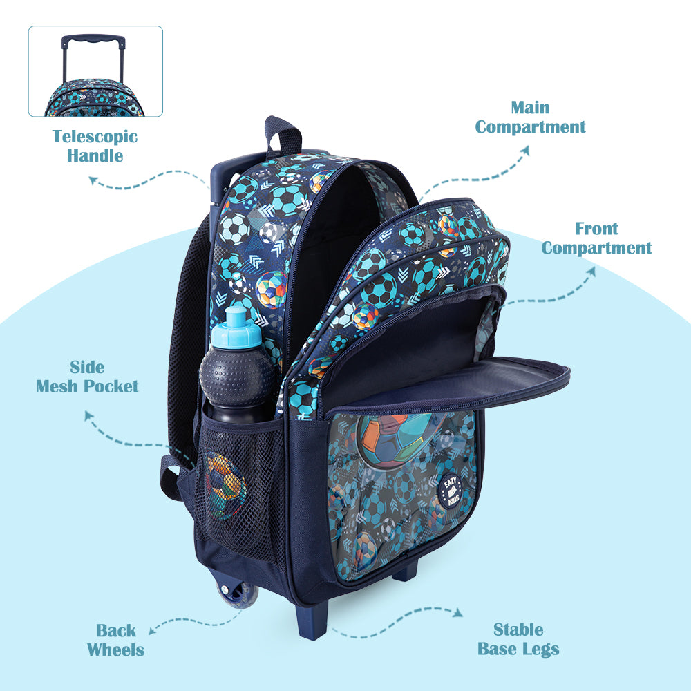 Eazy Kids 17” Trolley School Bag Value Pack 5-in-1 with Wheels – Backpack, Lunch Bag, Water Bottle, Lunch Box & Pencil Case, Blue