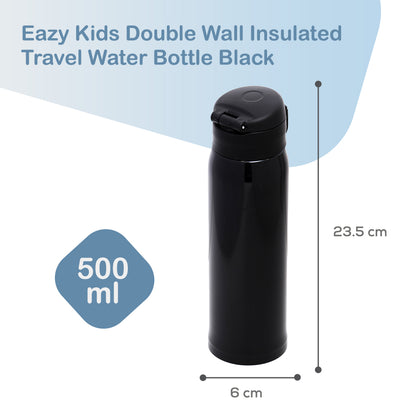 EAZY KIDS Insulated Travel Water Bottle - Black, 500ml
