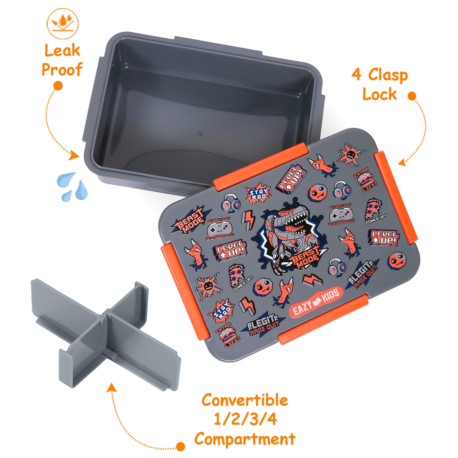 EAZY KIDS 1/2/3/4 Compartment Convertible Bento Lunch Box Dinosaur - Grey 850ml