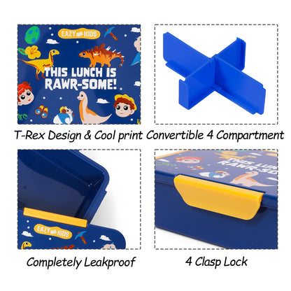 EAZY KIDS 1/2/3/4 Compartment Convertible Bento Lunch Box T - Rex - Blue 850ml
