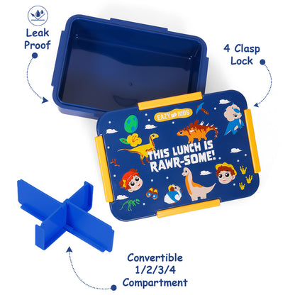 EAZY KIDS 1/2/3/4 Compartment Convertible Bento Lunch Box T - Rex - Blue 850ml