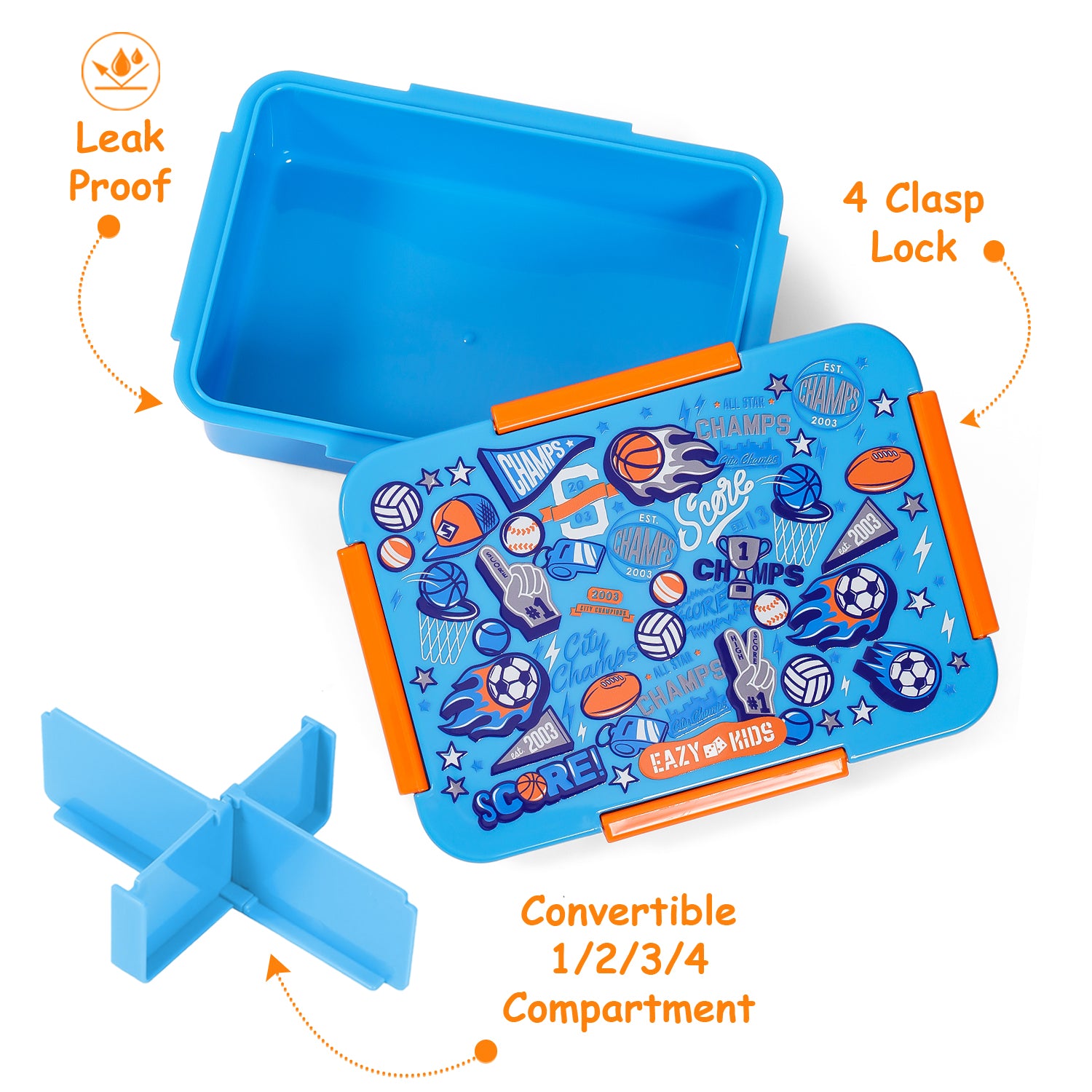 EAZY KIDS 1/2/3/4 Compartment Convertible Bento Lunch Box Soccer - Blue 850ml