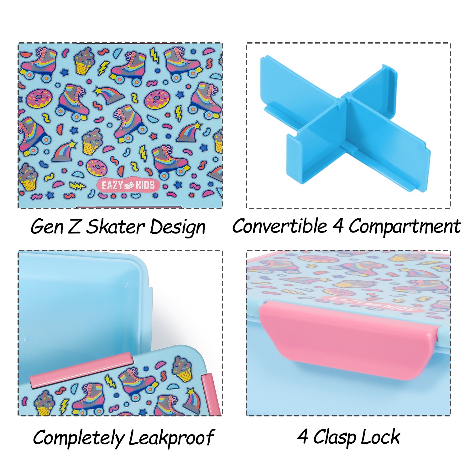 EAZY KIDS 1/2/3/4 Compartment Convertible Bento Lunch Box Gen Z Skater - Blue 850ml