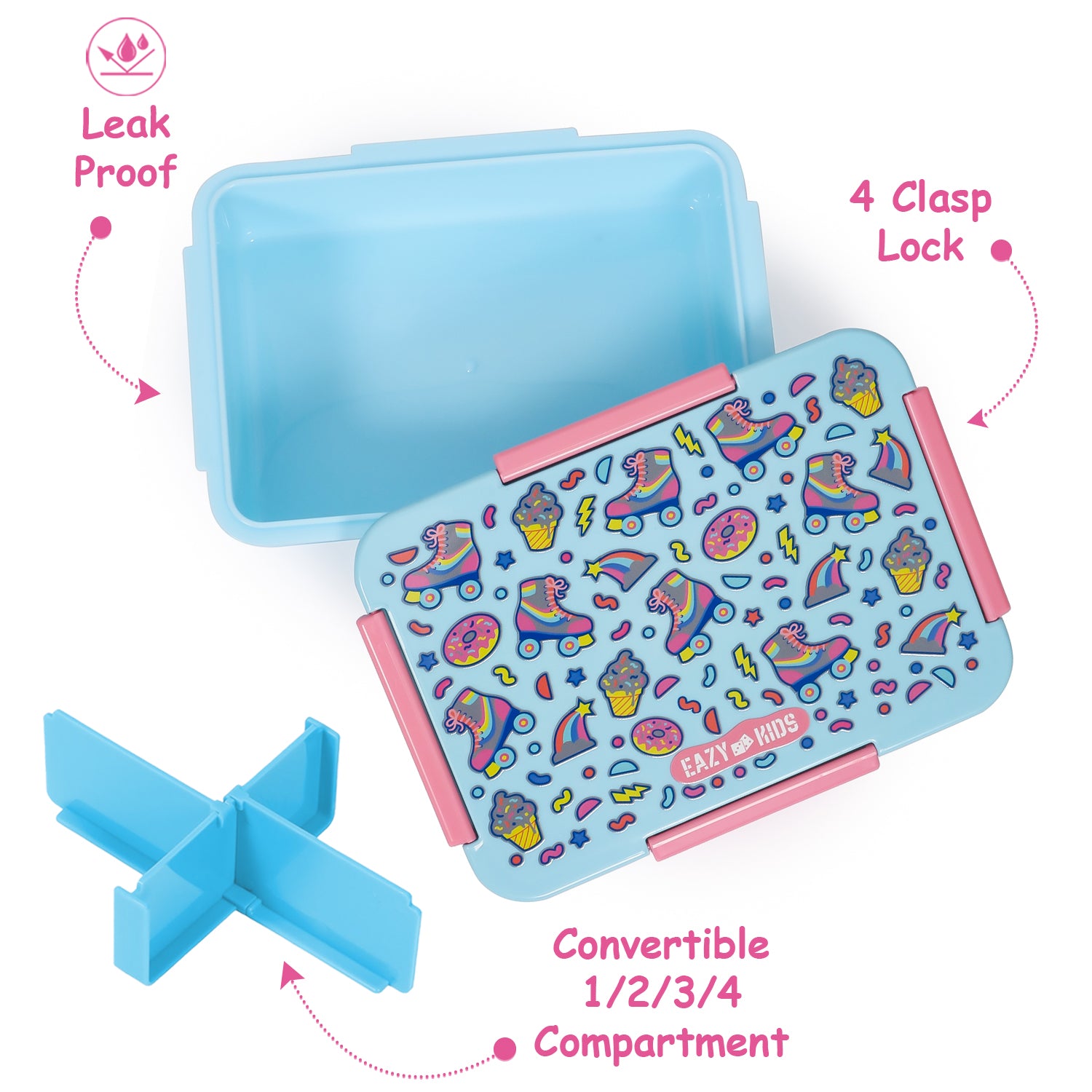 EAZY KIDS 1/2/3/4 Compartment Convertible Bento Lunch Box Gen Z Skater - Blue 850ml