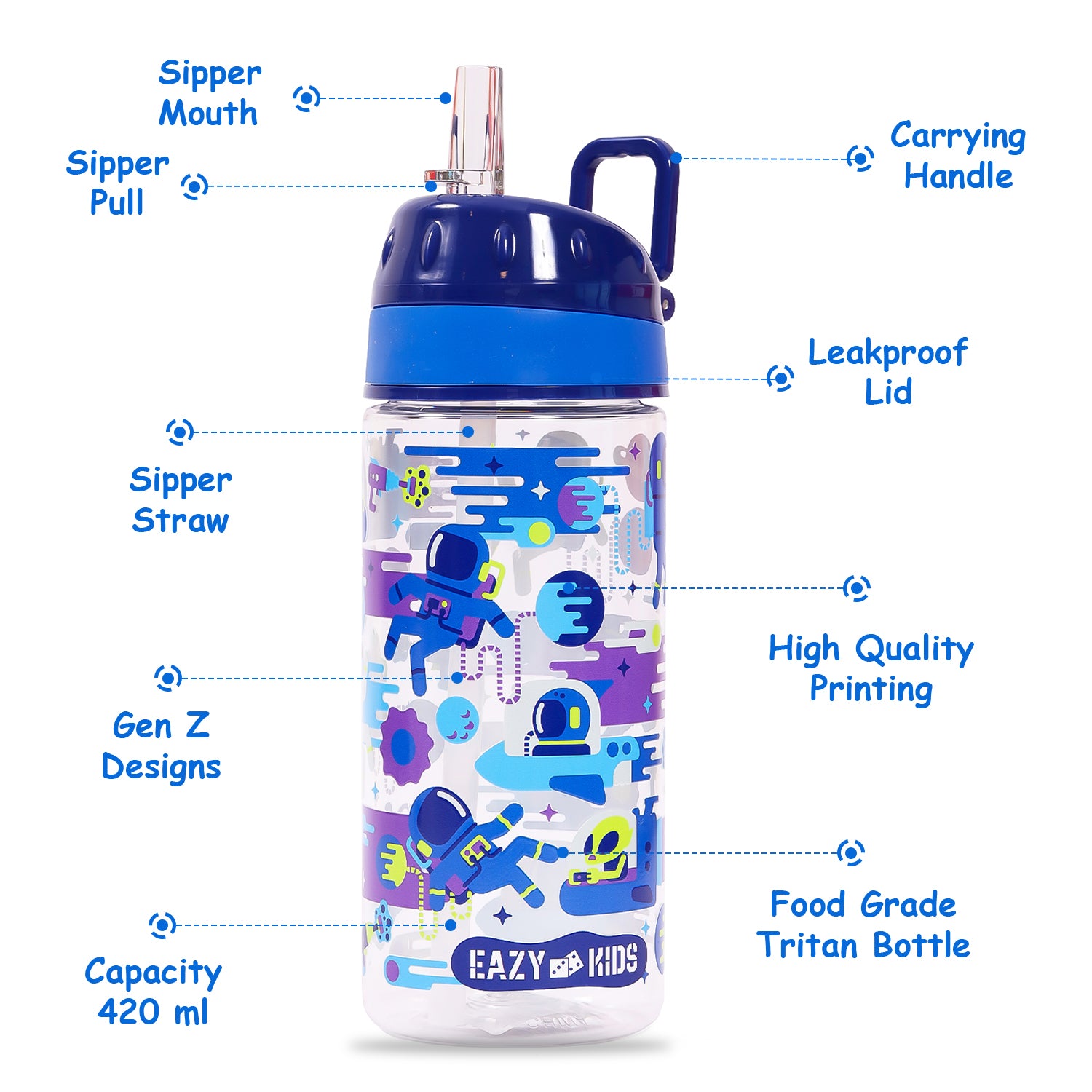 EAZY KIDS Tritan Water Bottle w/Carry handle, Astronauts - Blue, 420ml