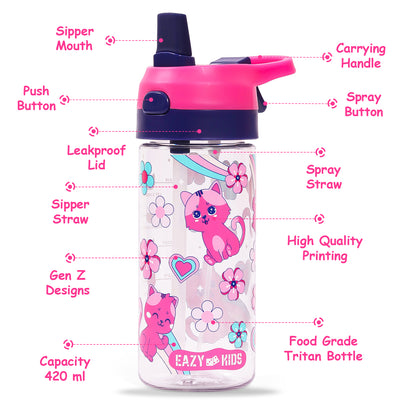 EAZY KIDS Tritan Water Bottle w/Spray, Cat - Pink, 420ml