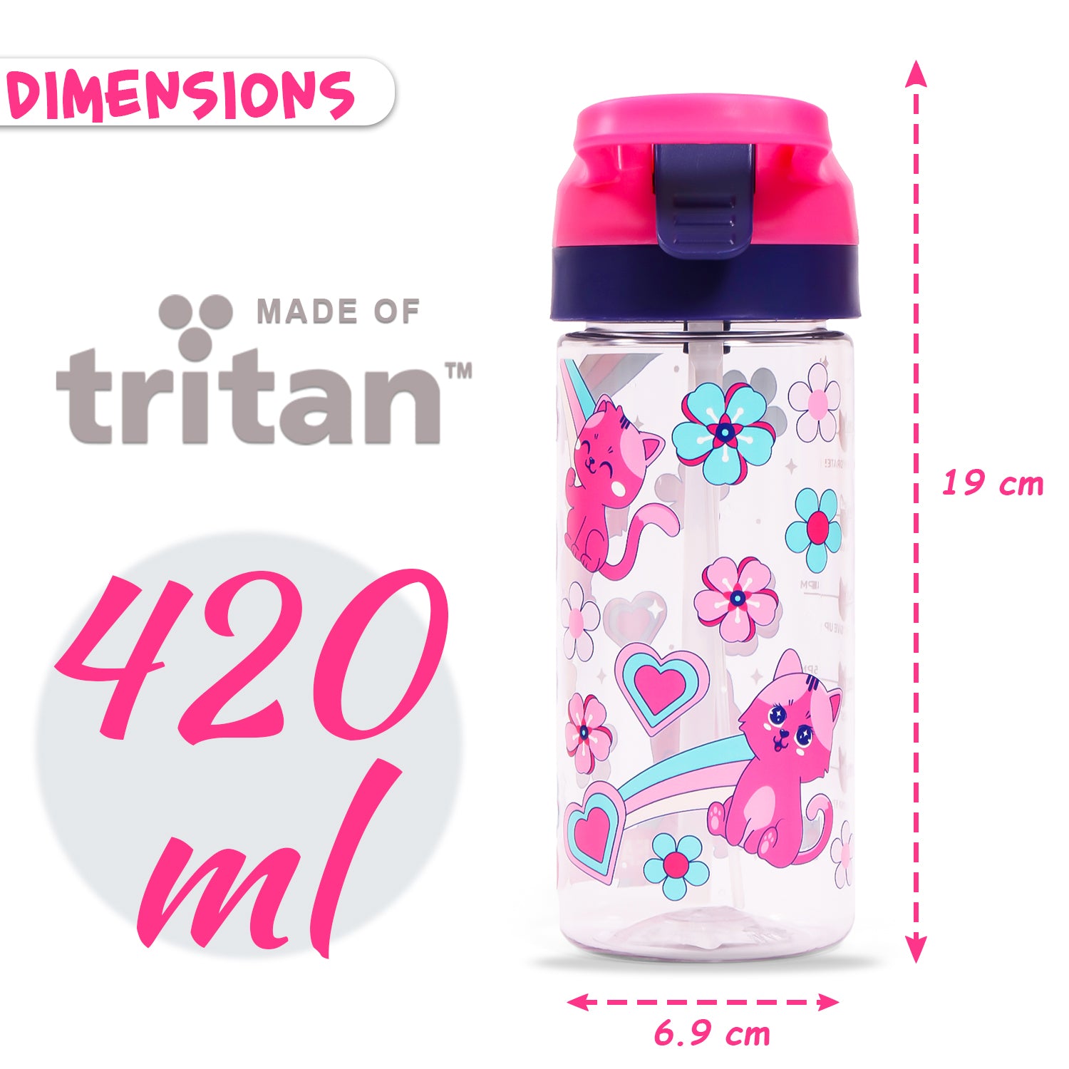 EAZY KIDS Tritan Water Bottle w/Spray, Cat - Pink, 420ml