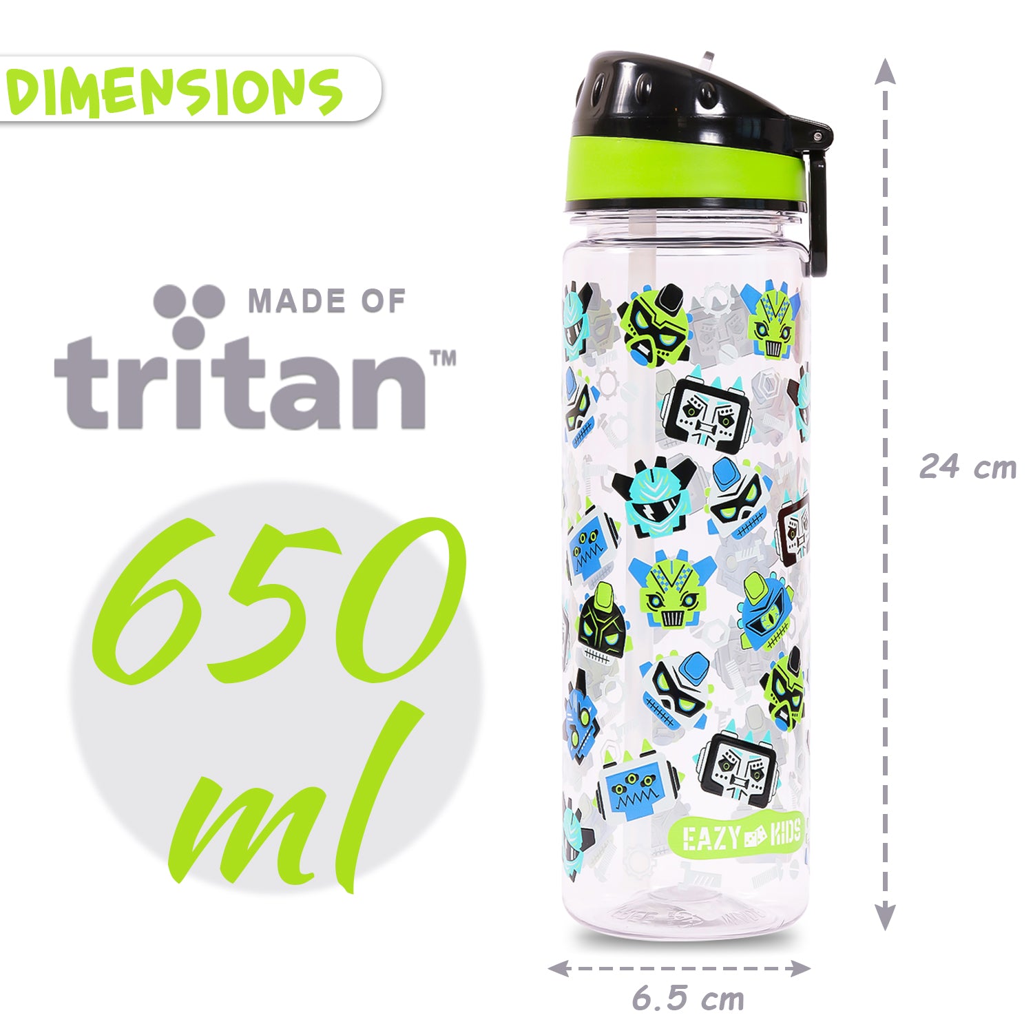 EAZY KIDS Tritan Water Bottle w/Carry handle, Gen Z - Black, 650ml