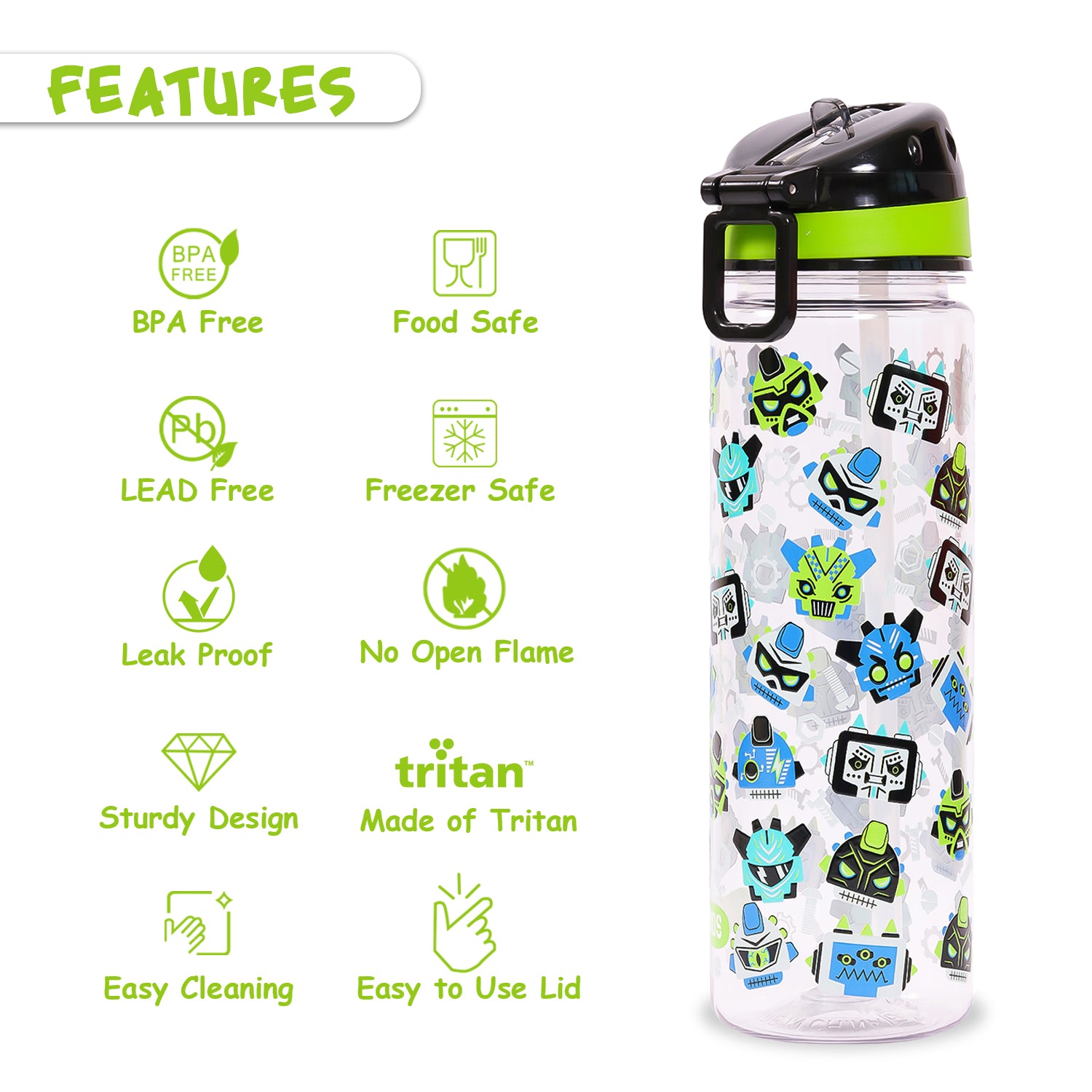 EAZY KIDS Tritan Water Bottle w/Carry handle, Gen Z - Black, 650ml