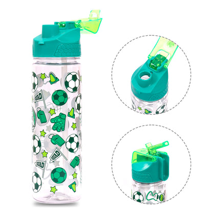 EAZY KIDS Tritan Water Bottle w/2in1 drinking, Flip lid and Sipper, Soccer - Green, 650ml