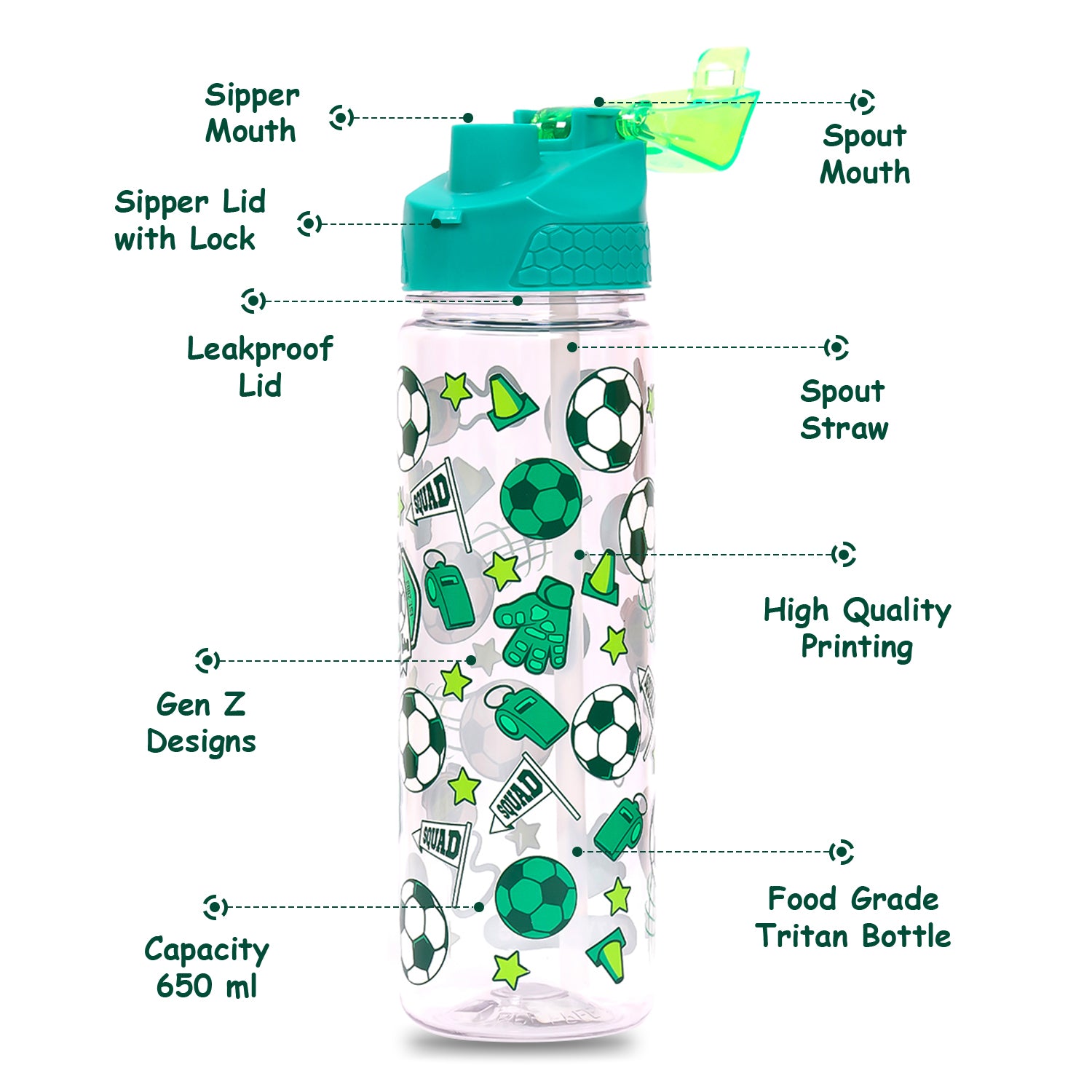EAZY KIDS Tritan Water Bottle w/2in1 drinking, Flip lid and Sipper, Soccer - Green, 650ml