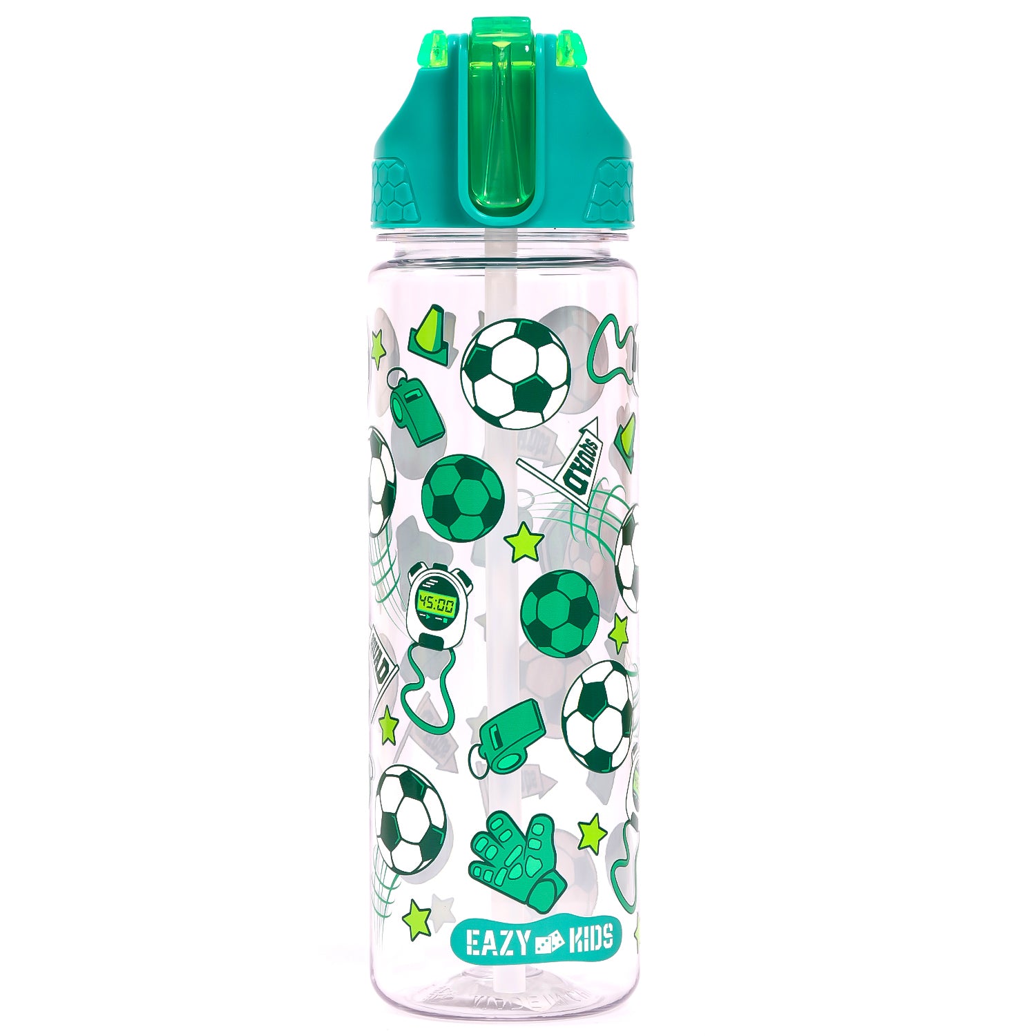 EAZY KIDS Tritan Water Bottle w/2in1 drinking, Flip lid and Sipper, Soccer - Green, 650ml