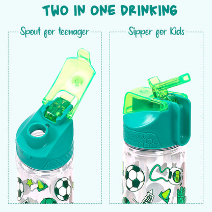 EAZY KIDS Tritan Water Bottle w/2in1 drinking, Flip lid and Sipper, Soccer - Green, 650ml