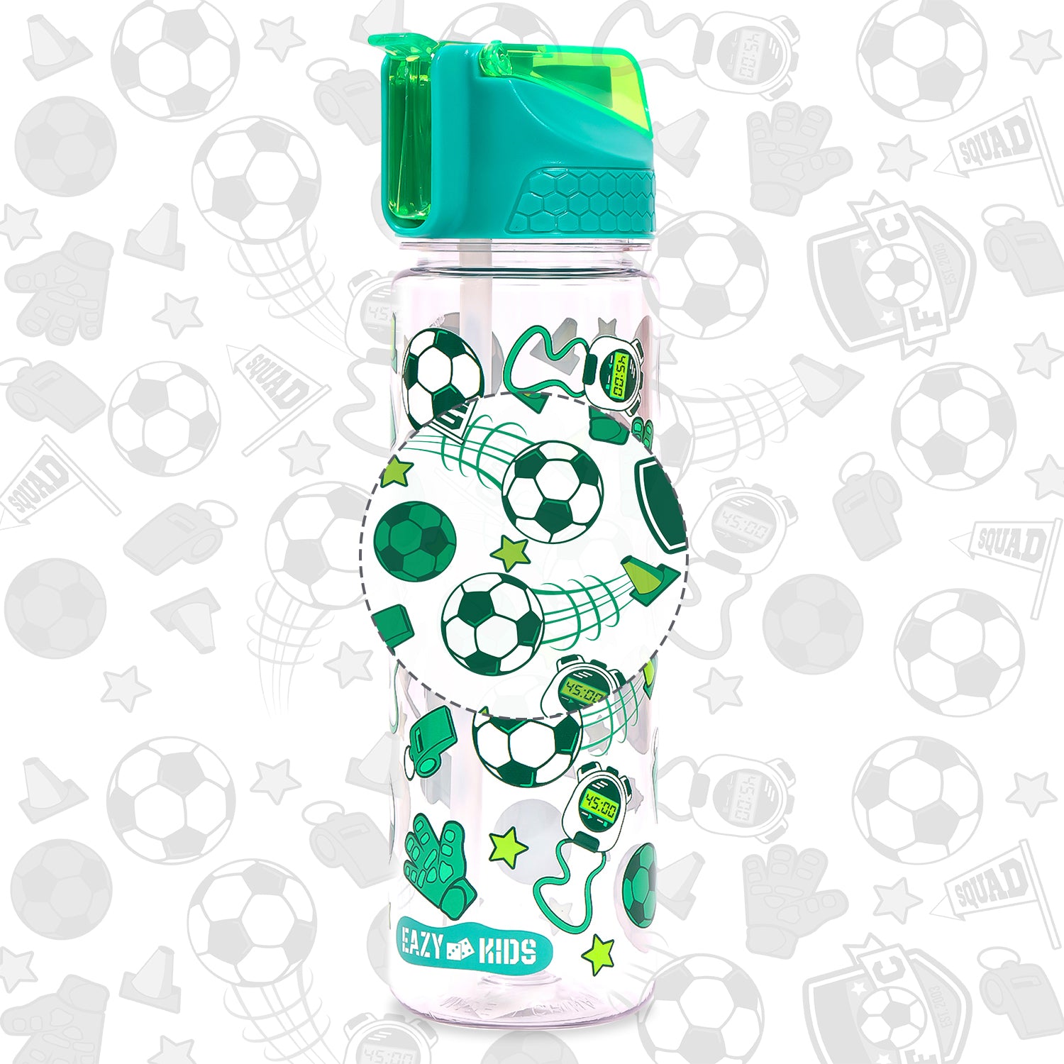 EAZY KIDS Tritan Water Bottle w/2in1 drinking, Flip lid and Sipper, Soccer - Green, 650ml