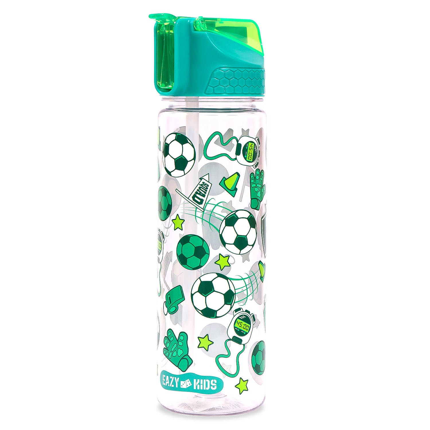 EAZY KIDS Tritan Water Bottle w/2in1 drinking, Flip lid and Sipper, Soccer - Green, 650ml