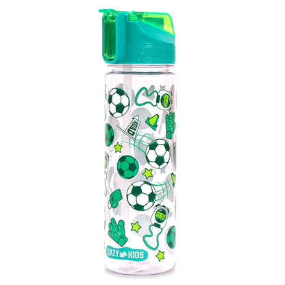 EAZY KIDS Tritan Water Bottle w/2in1 drinking, Flip lid and Sipper, Soccer - Green, 650ml