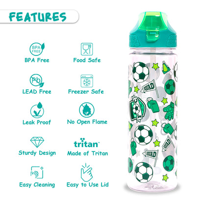 EAZY KIDS Tritan Water Bottle w/2in1 drinking, Flip lid and Sipper, Soccer - Green, 650ml