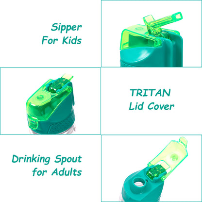 EAZY KIDS Tritan Water Bottle w/2in1 drinking, Flip lid and Sipper, Soccer - Green, 650ml
