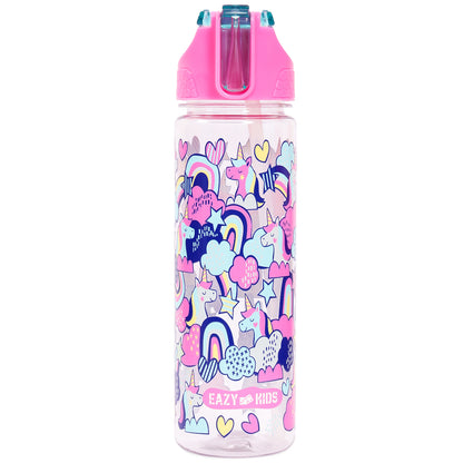 EAZY KIDS Tritan Water Bottle w/2in1 drinking, Flip lid and Sipper, Unicorn - Pink, 650ml