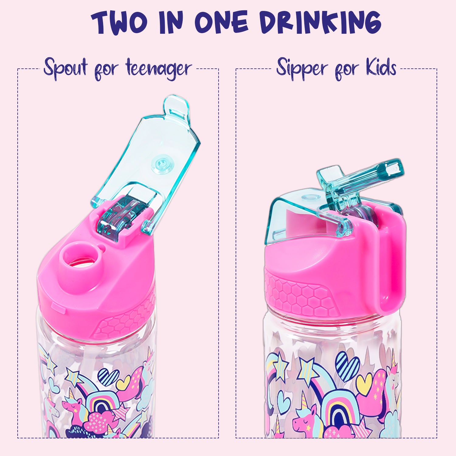 EAZY KIDS Tritan Water Bottle w/2in1 drinking, Flip lid and Sipper, Unicorn - Pink, 650ml