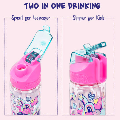 EAZY KIDS Tritan Water Bottle w/2in1 drinking, Flip lid and Sipper, Unicorn - Pink, 650ml