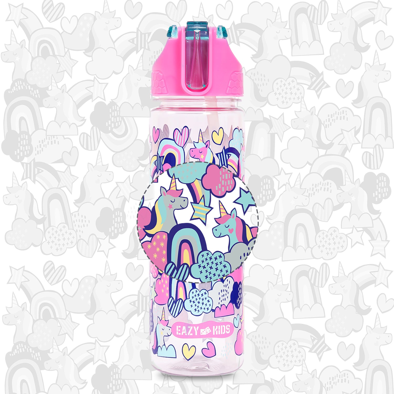 EAZY KIDS Tritan Water Bottle w/2in1 drinking, Flip lid and Sipper, Unicorn - Pink, 650ml